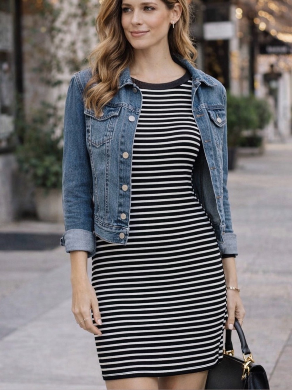 GB Black White Striped Sheath Dress Long Sleeve Faux Leather Trim Medium